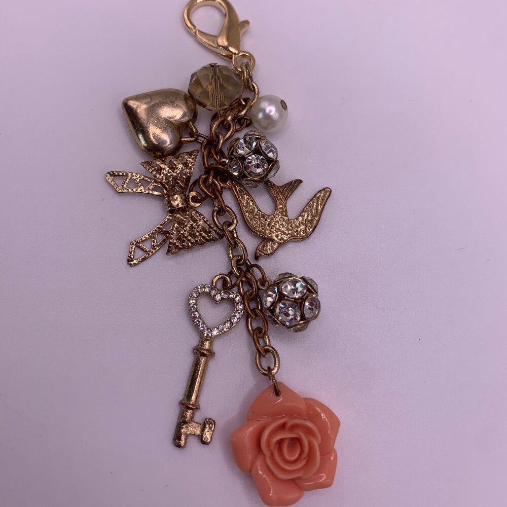 🐱 5 for $10.  Gold Key Chain with Heart, Flower, Ribbon & Bird Charms 4"
